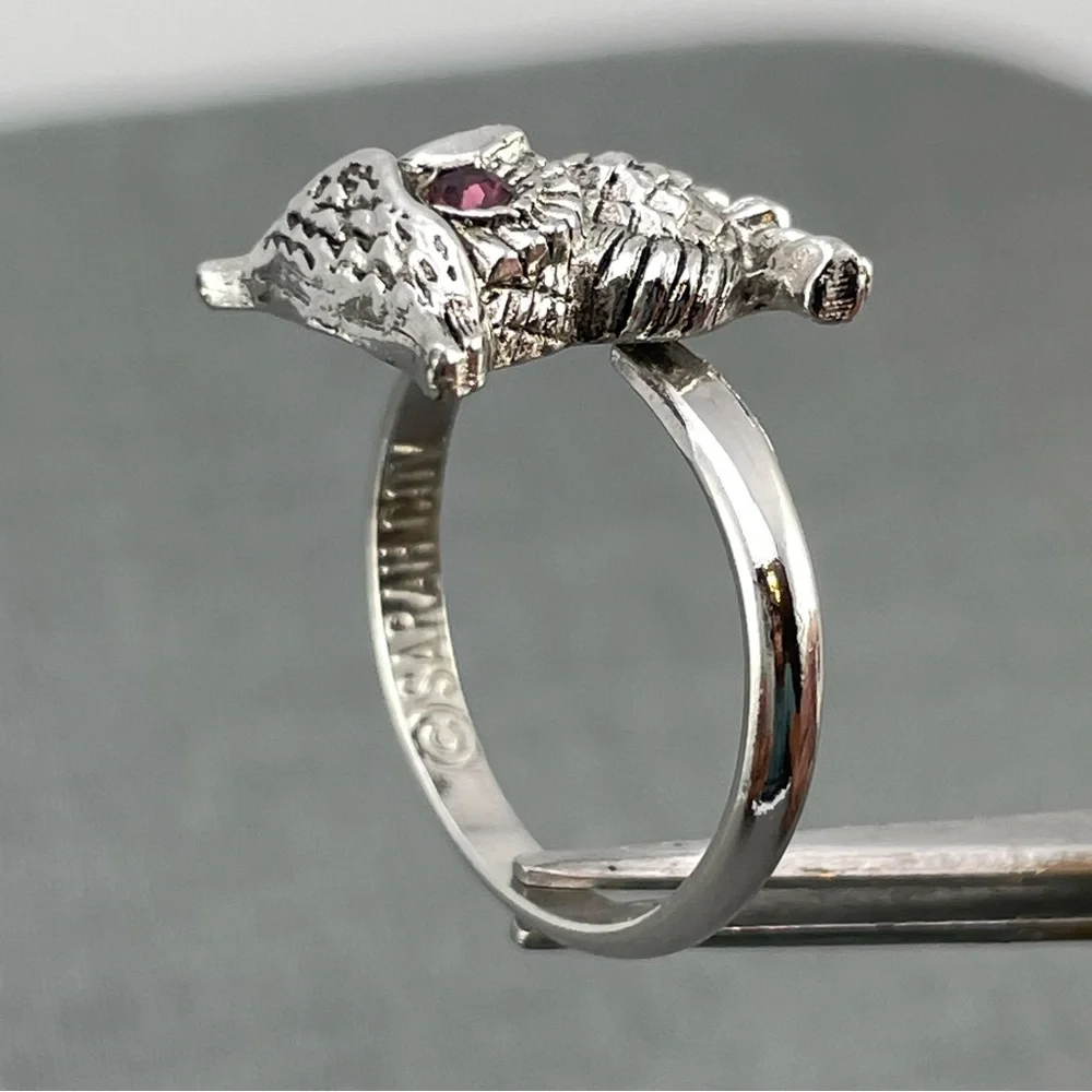 Cute Vintage 70s Sarah Coventry Adjustable Owl Ring with Purple Rhinestone Eyes - Picture 7 of 9